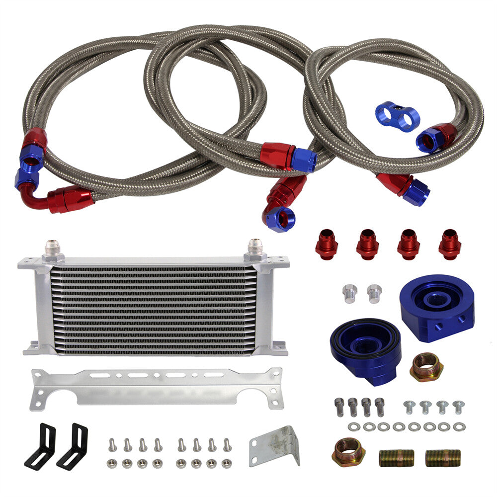 ya 5 8.7 16 Row AN8 Engine Oil Cooler +Relocation Filter Adapter Hose Kit w/Bracket BL