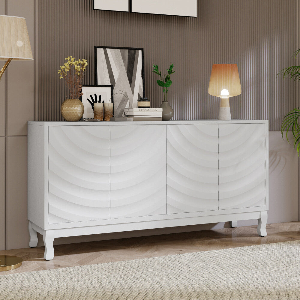 ya 28 Elegant Sideboard Cabinet 4-Door Wavy Doors Arched Groove Adjustable White