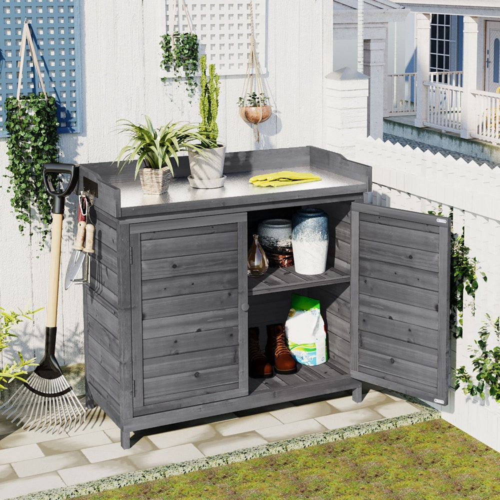 ya 28 39 Grey Outdoor Potting Bench Table - Garden Workstation,2-Tier Shelves Cabinet