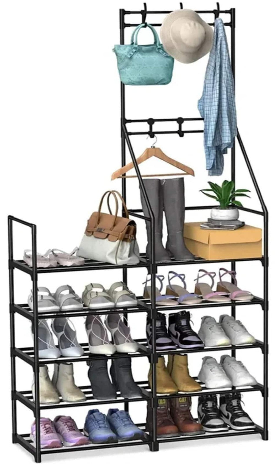 ya 28 Freestanding Shoe Rack 5-Tier W/ Hooks 25-30 Pairs Storage For Entryway Closet 