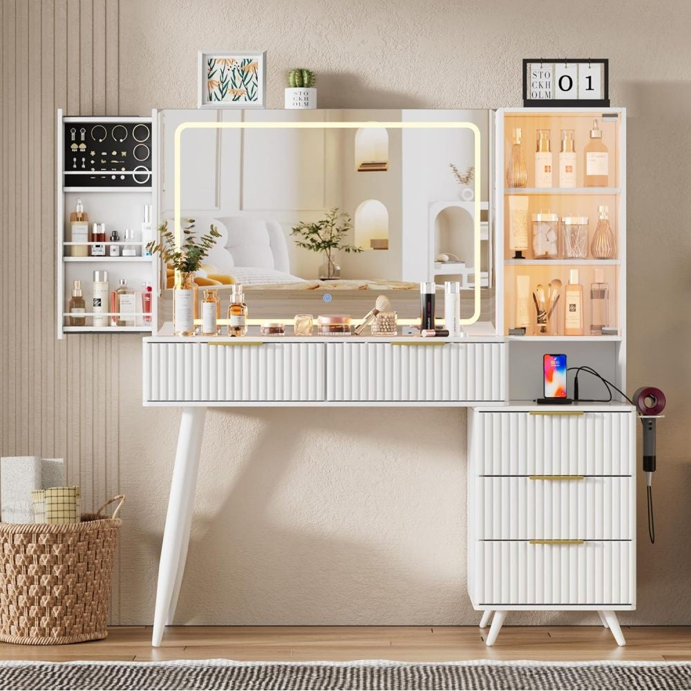 ya 28 White-Glass Top Vanity Desk - w/Mirror&Lights, Drawers, Bedroom Makeup Table
