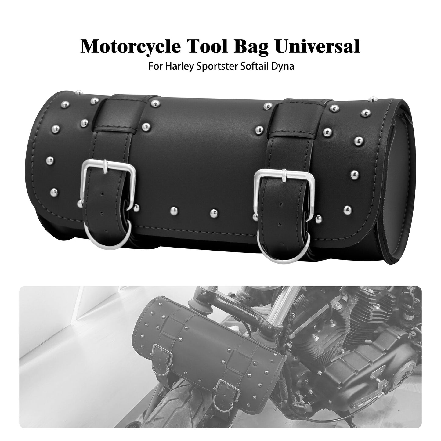 ya 11 6.5 Motorcycle Black Handlebar Sissy Bar Bag Saddlebag Fork Roll Barrel Bag w/ Nails