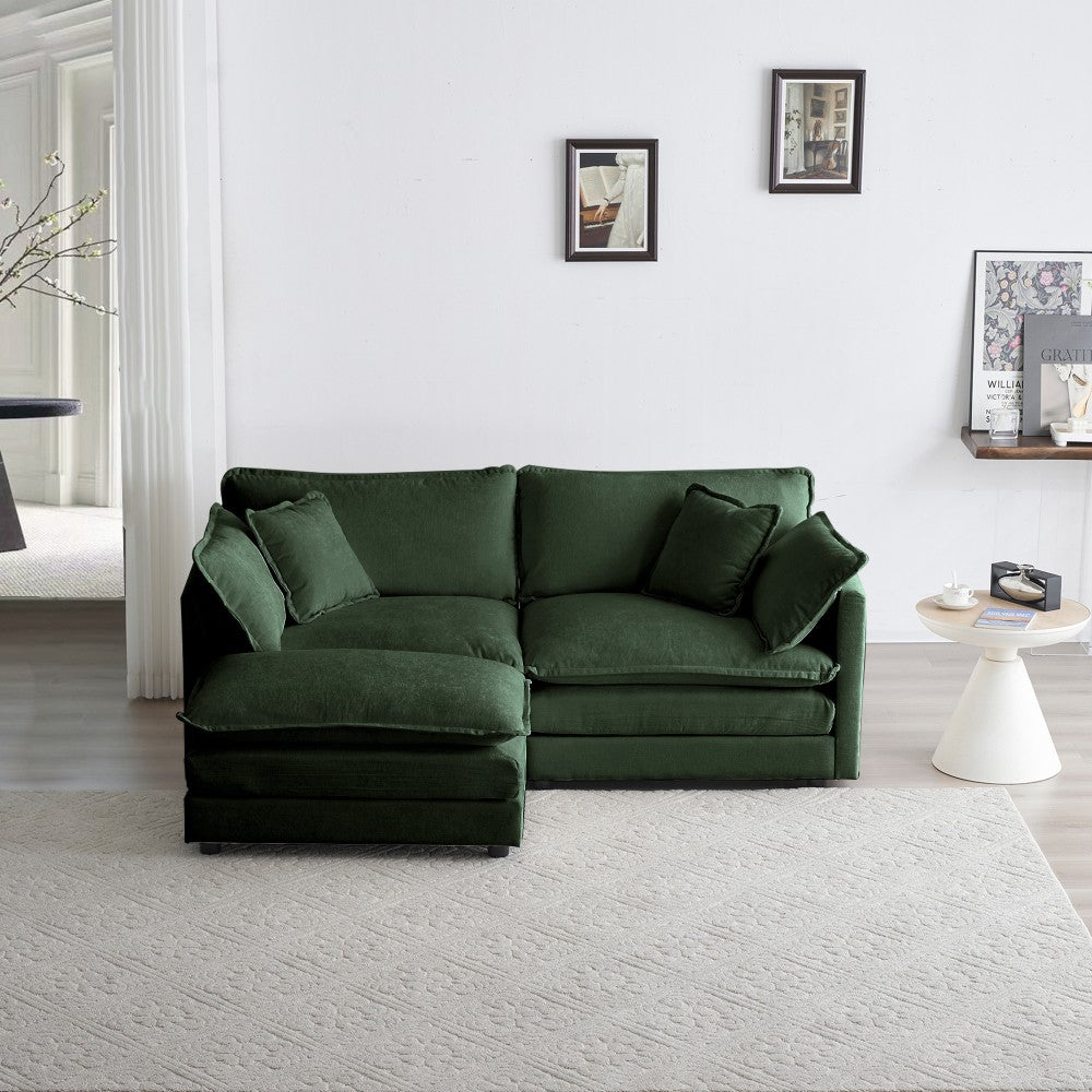 ya 28 Chenille 2-Seater Green L-Shaped Sectional Sofa - w/1 Footrest/Ottoman