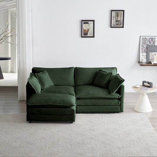 ya 28 Chenille 2-Seater Green L-Shaped Sectional Sofa - w/1 Footrest/Ottoman