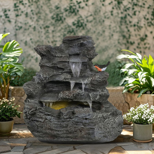 ya 28 20.8H 4-Tiered Concrete Gray Rock Waterfall Fountain,Garden Decor,LED Lights