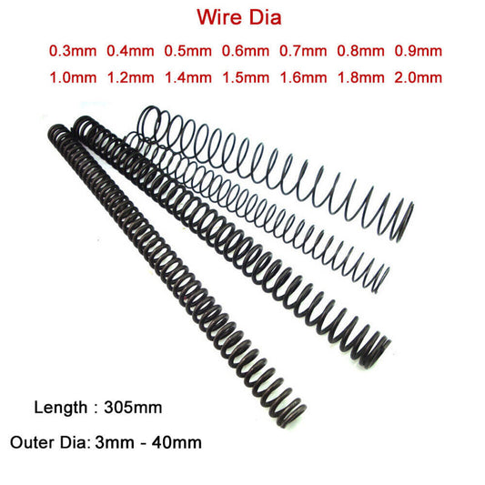 Black Steel Compression Springs - 305mm Length, 0.3mm-2mm Wire Dia.