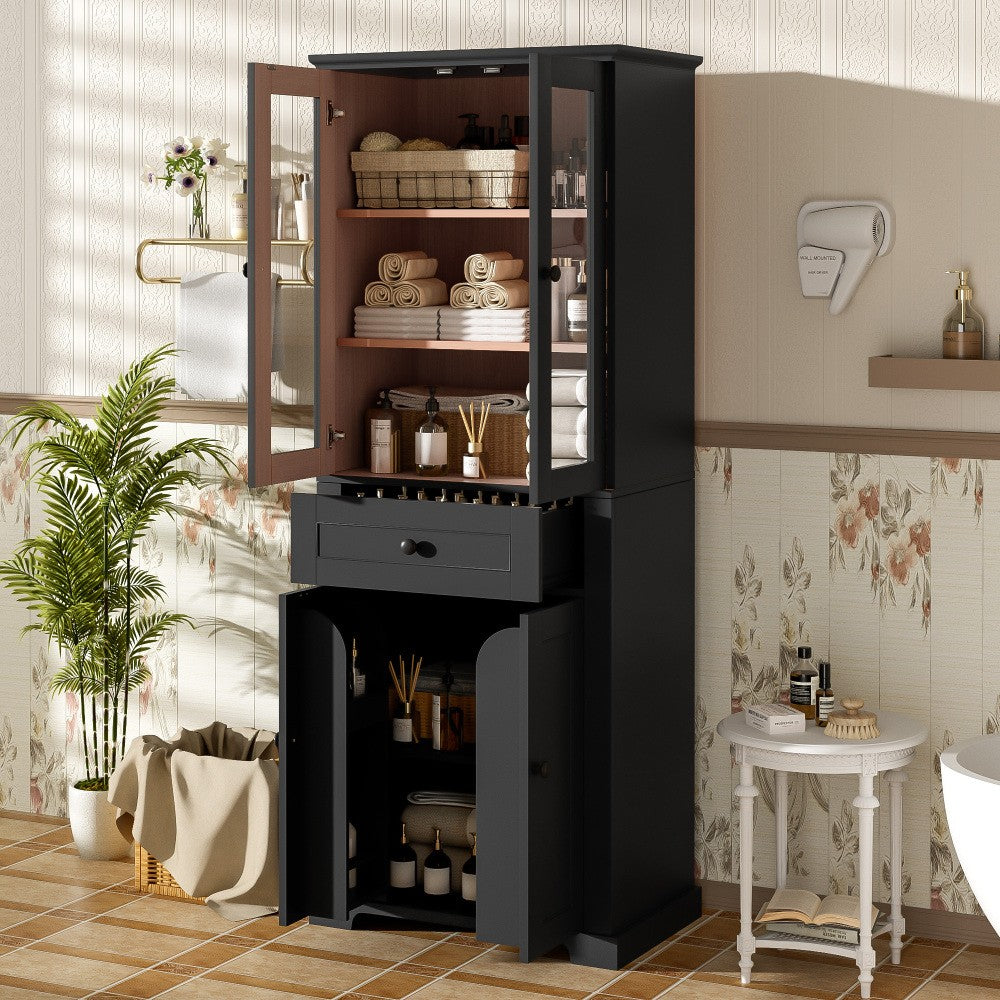 ya 28 Black 67.2 Bathroom Storage Cabinet ÿ Tempered Glass Doors, Adjustable Shelves