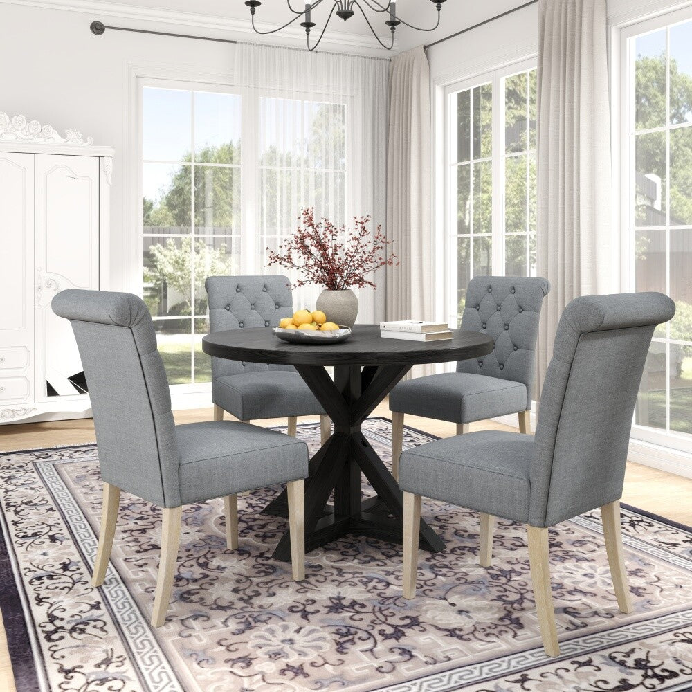 ya 28 Gray 5-piece Dining Set, Cross-Buck Round Table with 4 Tufted Chairs