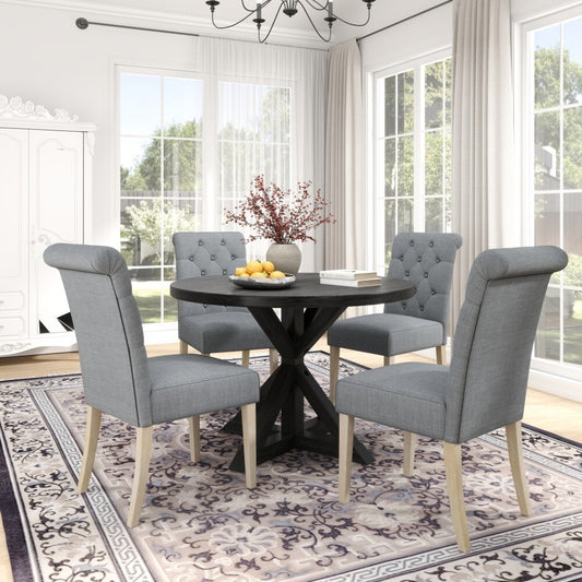 ya 28 Gray 5-piece Dining Set, Cross-Buck Round Table with 4 Tufted Chairs