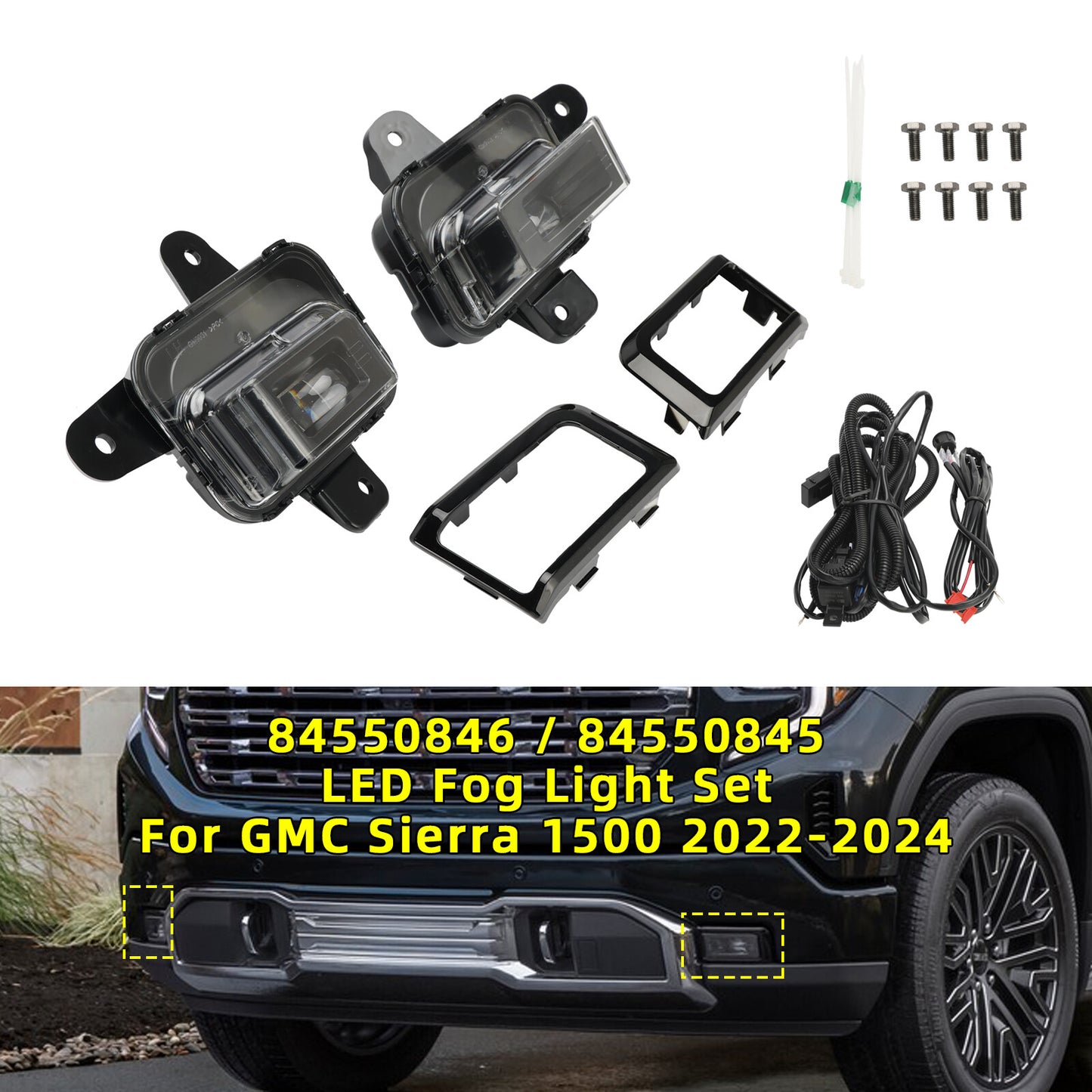 ya 1 8.5.1 Front Bumper LED Fog Light + Cover +Wire Harness for GMC for Sierra 1500 2022-2024