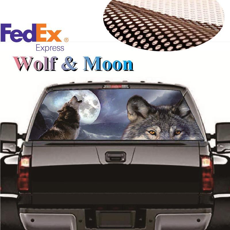 ya 1 7.8 Truck Wolf & Moon Rear Window Sticker Perforated Window Graphic Sticker 147x46CM