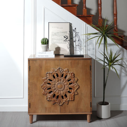 ya 28 For Living Room,Brown Rustic Hand-Carved Solid Wood 2-Door Cabinet -Sideboard