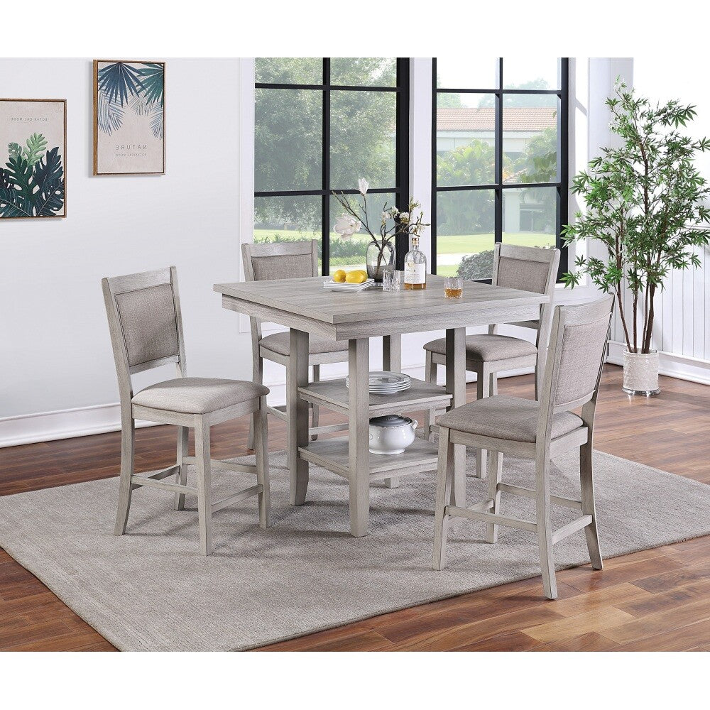ya 28 5pc Counter Height Dining Set Grey, Square Table w/Shelves, Cushioned Chairs
