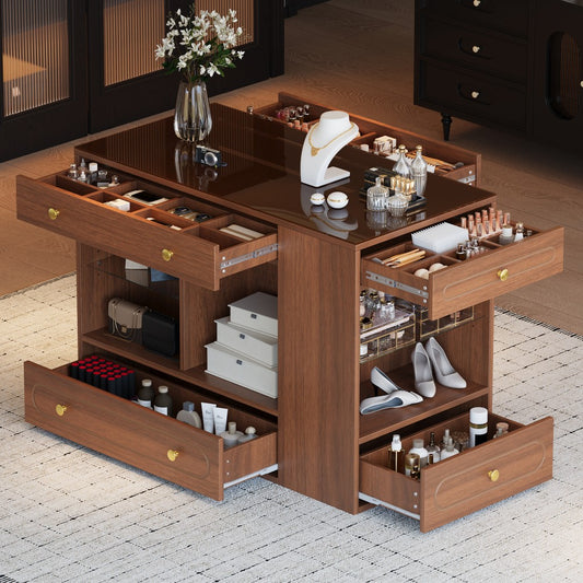 ya 28 For Walk-in Cloakroom Closet Island Walnut,6 Drawers, Glass Top, Open Shelves