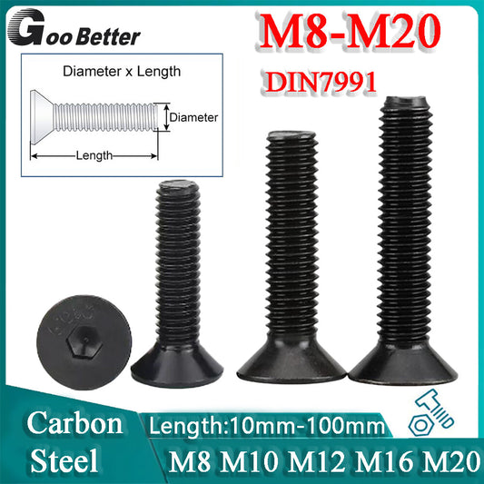M8 to M20 Black Countersunk Head Hexagon Socket Screws Bolts 10.9 Steel DIN7991