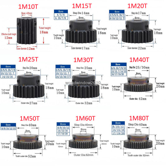 45# Steel Spur Gear With Step 1M10T-80T Metal Mod 1 Motor Gear 10-80 Tooth x1Pcs
