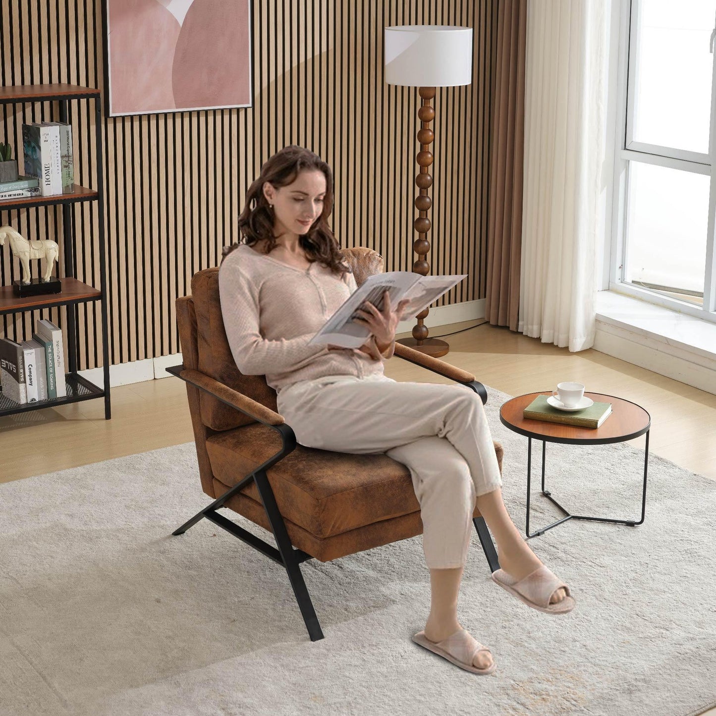 ya 28 Modern Brown Chair Upholstered Lounge Arm Chair w/Iron Frame and Thicker Cushion