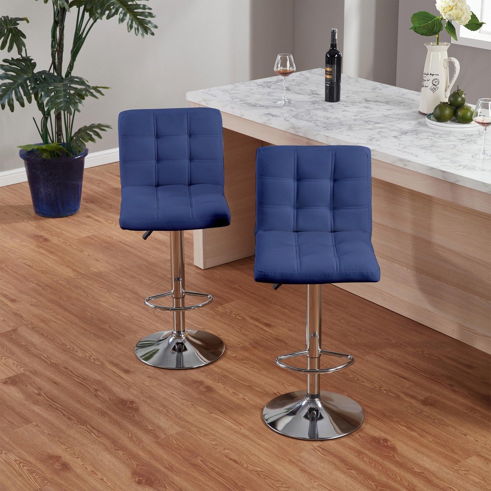 ya 28 2 Pcs Counter Height Bar Stools Set  Blue w/ Back & Footrest Square Cushion