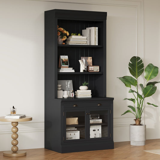 ya 28 83.4 Tall Modern Black Bookshelf - 2 Glass Doors, Open Shelves for Living Room