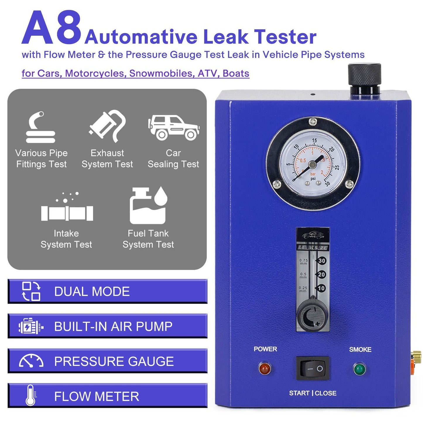 ya 1 7.4 A8 Automative Leak Tester with Flow Meter Pressure Gauge Test Leak Pipe System