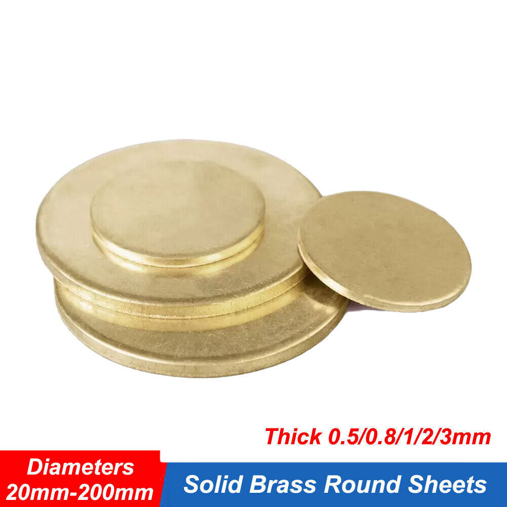 Solid Brass Discs - Dia 20mm to 200mm, Thickness Options: 0.5/0.8/1/2/3mm