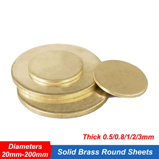 Solid Brass Discs - Dia 20mm to 200mm, Thickness Options: 0.5/0.8/1/2/3mm