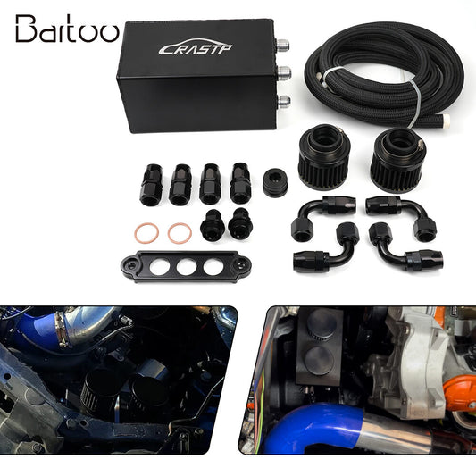 ya 27 6.21 10AN Oil Catch Can Reservoir Tank 4 Port Dual Breather Filter Baffled Kit Black