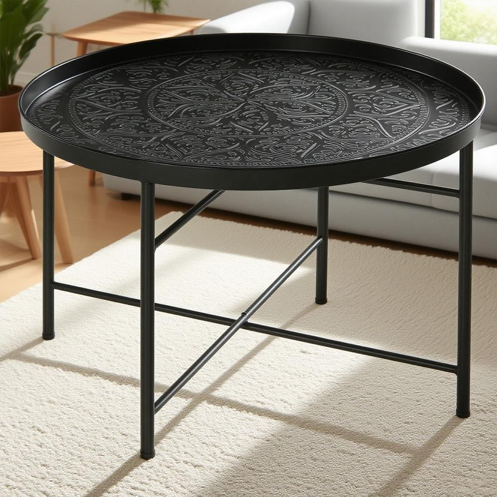 ya 16 For Living Room 24 Round Coffee Table Metal Frame Black Hammered Tray Top