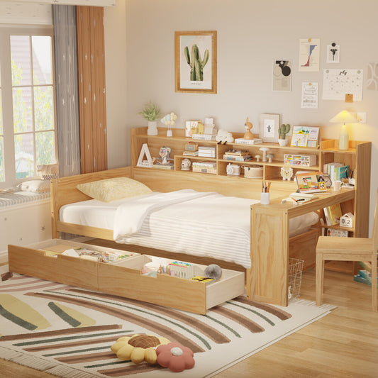 ya 28 Twin Wooden Daybed Natural w/Storage Shelves, 2 Drawers & Study Desk