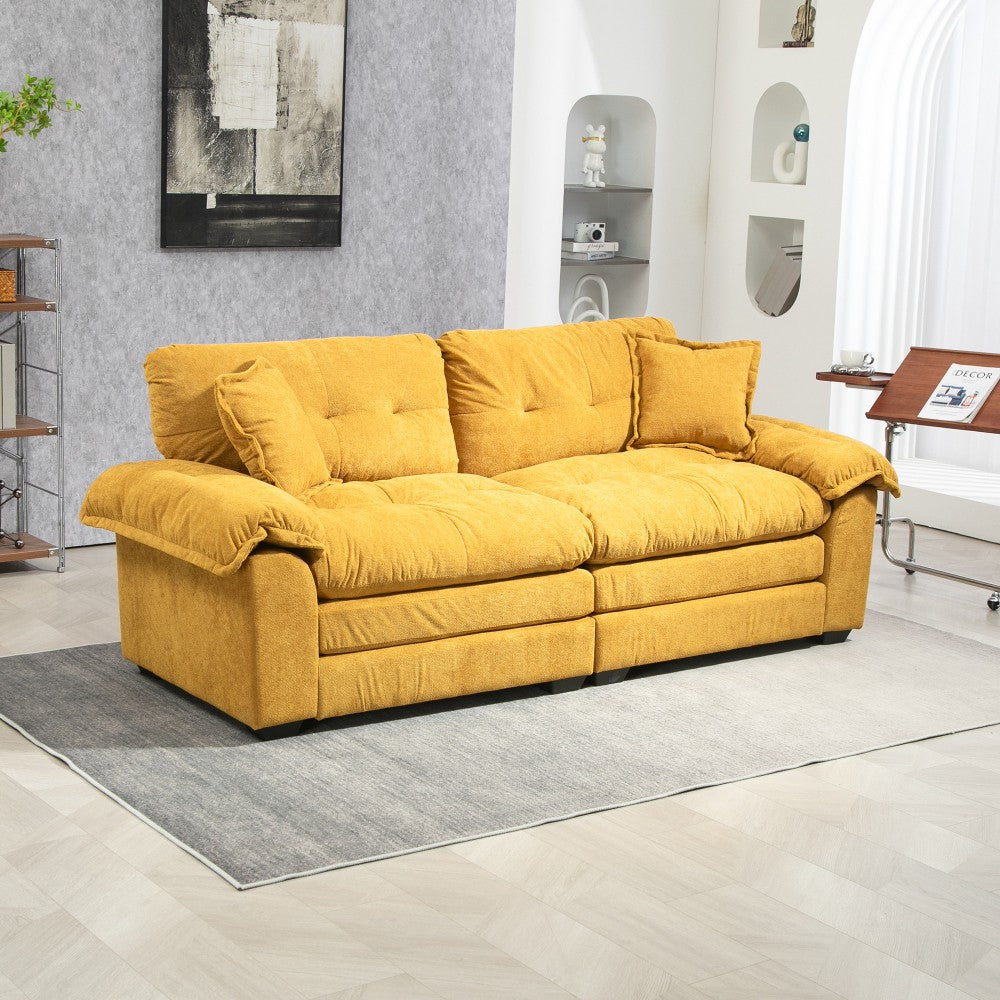 ya 28 84 Yellow Chenille Sofa,Memory Foam, Deep Seat,2 Throw Pillows for Living Room