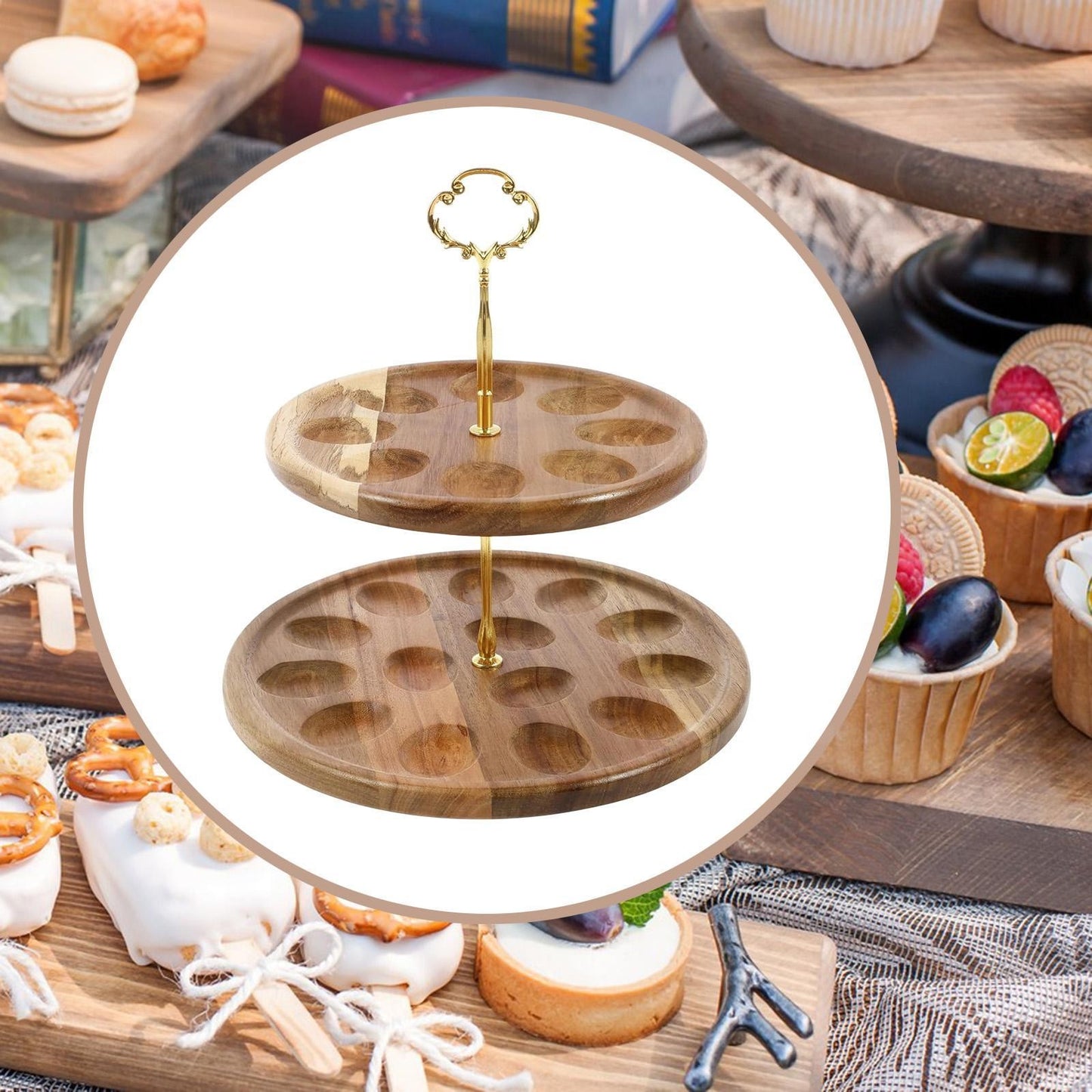 ya 25 2 Tier Wood Egg Rack Dessert Table Display for Cabinet Housewarming Pantry