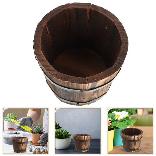 ya 14 Wooden Round Barrel Planter - Flower Pot With Flat Mouth For Garden Decor 