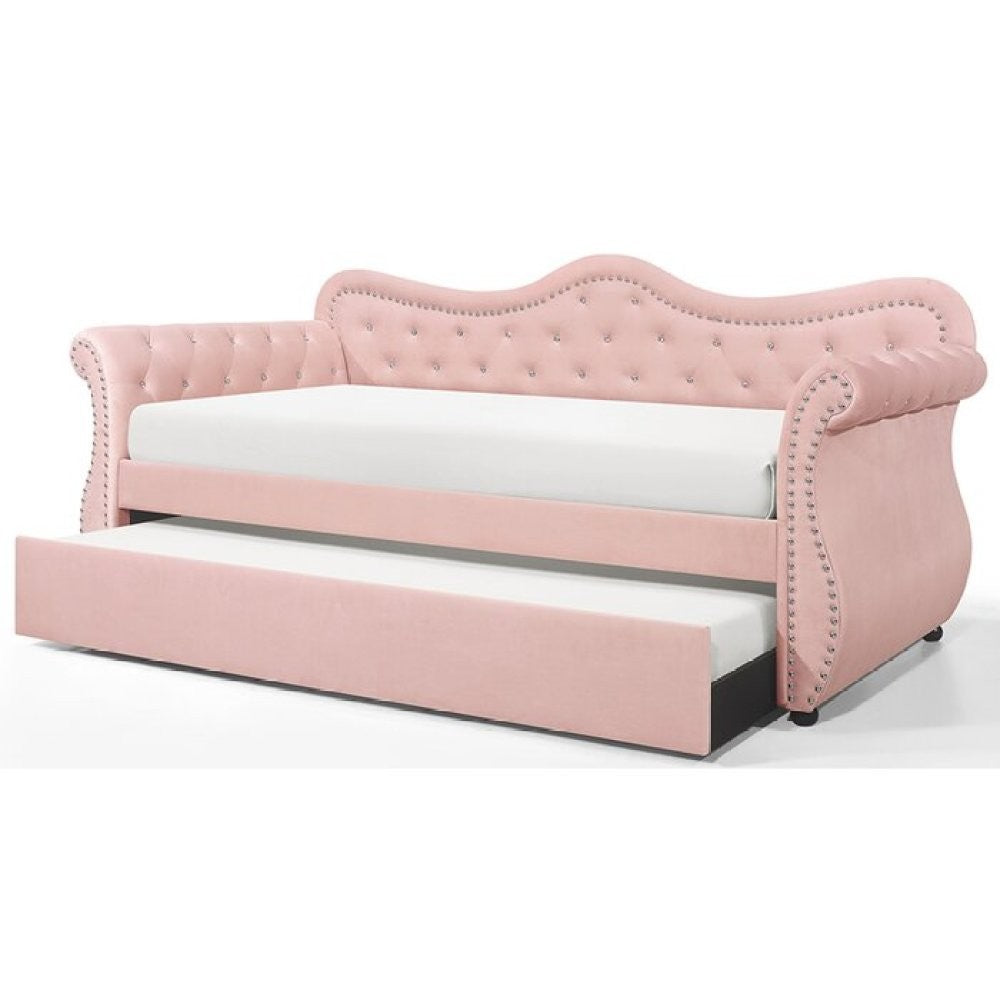 ya 28 Modern Style Upholstered Velvet Wood Daybed Pink W/Trundle