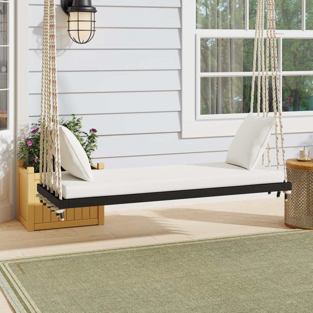 ya 28 For Garden Black Patio Wooden Swing Chair - W/Cushion&Pillows, 10.8Ft Hemp Ropes