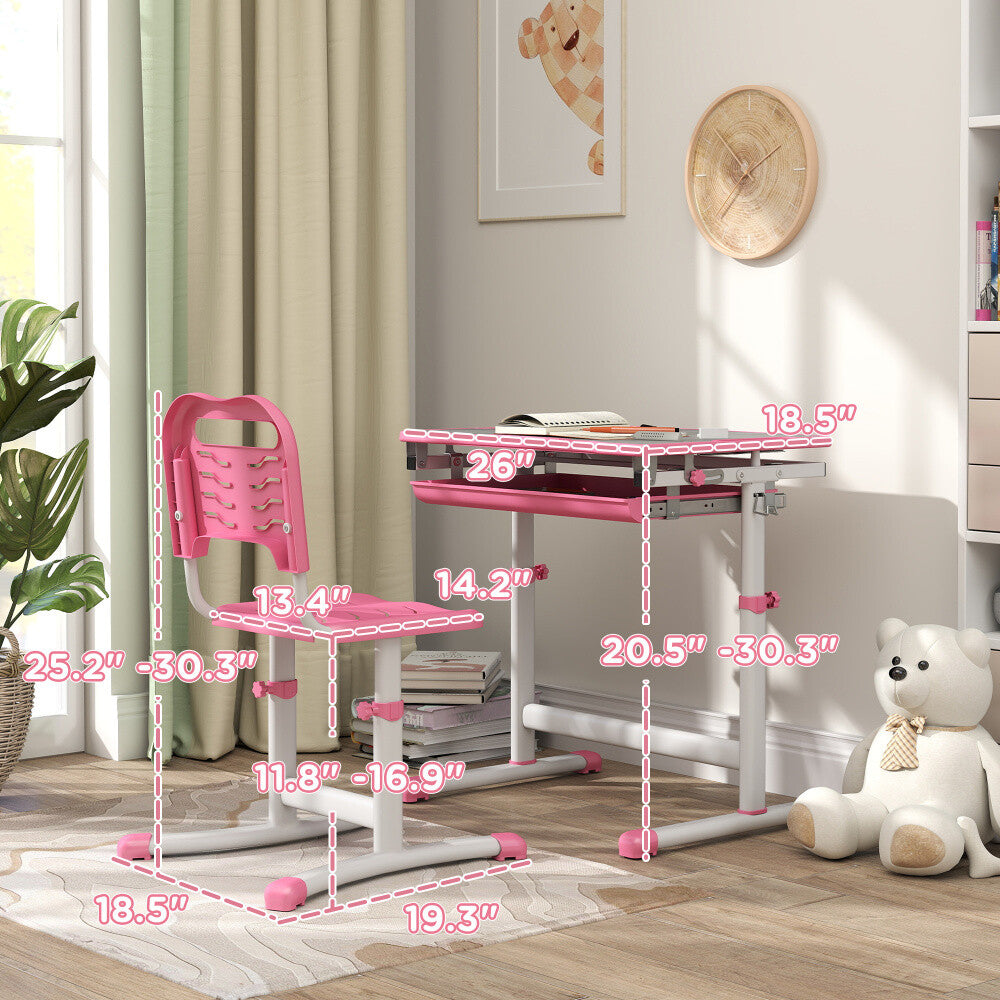 ya 28 Kids Pink Height Adjustable Desk & Chair Set, Tilt Desktop, Pen Slot, Ergonomic