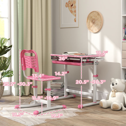 ya 28 Kids Pink Height Adjustable Desk & Chair Set, Tilt Desktop, Pen Slot, Ergonomic