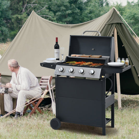 ya 28 4 Black Burner Propane Grill Stainless Steel 34,000 BTU Patio w/2 Shelves, Lid