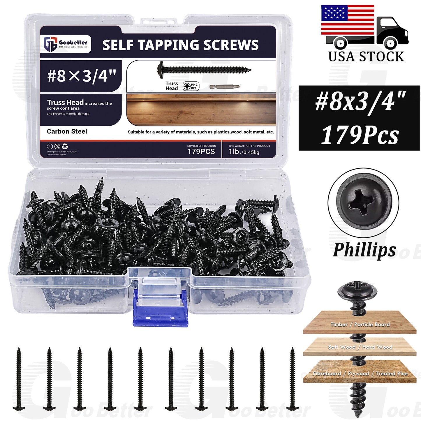 179pcs Black Phosphate ZT Wafer Head Self Tapping Wood Screws #8x3/4  Phillips