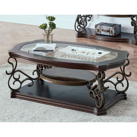ya 28 Glass Top Sofa Table 54Lx20Wx30H, MDF w/Marble Paper Shelf, Metal Legs,Brown