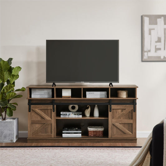ya 28 Farmhouse TV Stand Modern w/Sliding Barn Door & Adjustable Shelves - Brown