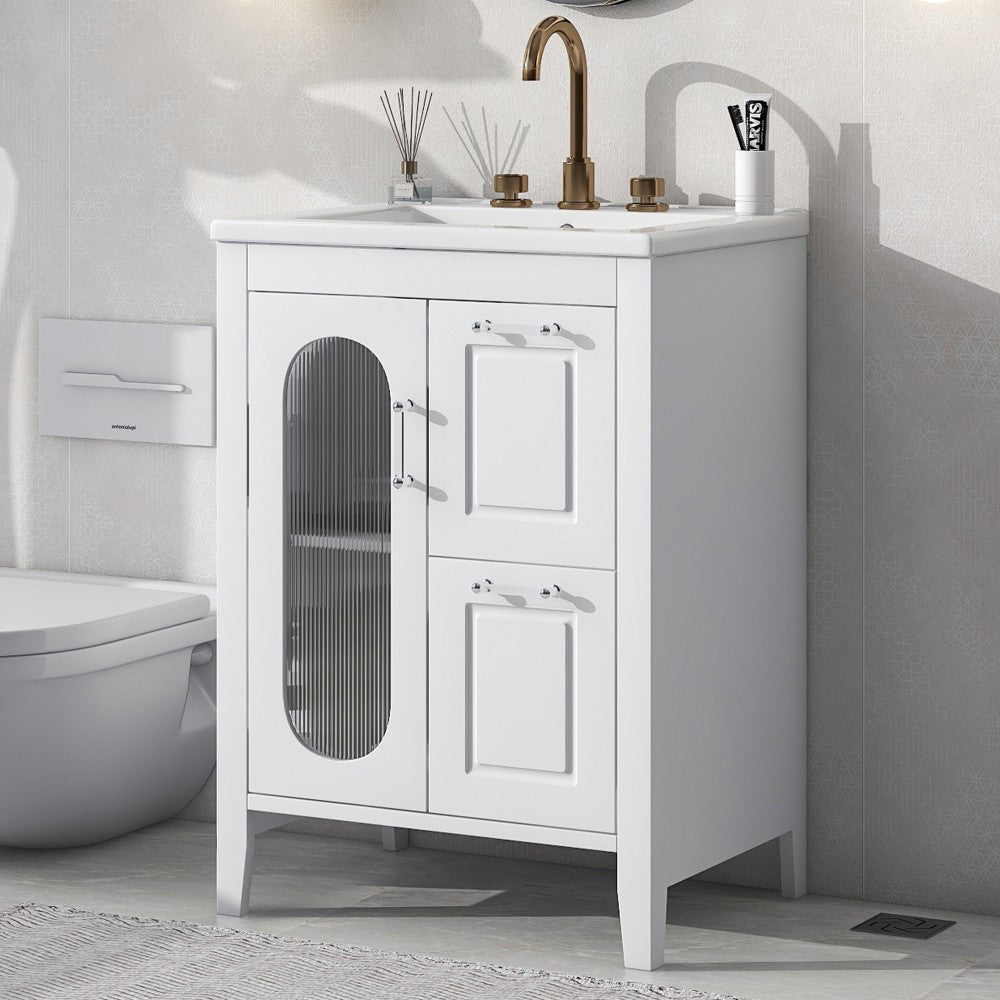 ya 28 White 24 Bathroom Vanity with Sink - 2 Drawers, 1 Door, Adjustable Shelf 