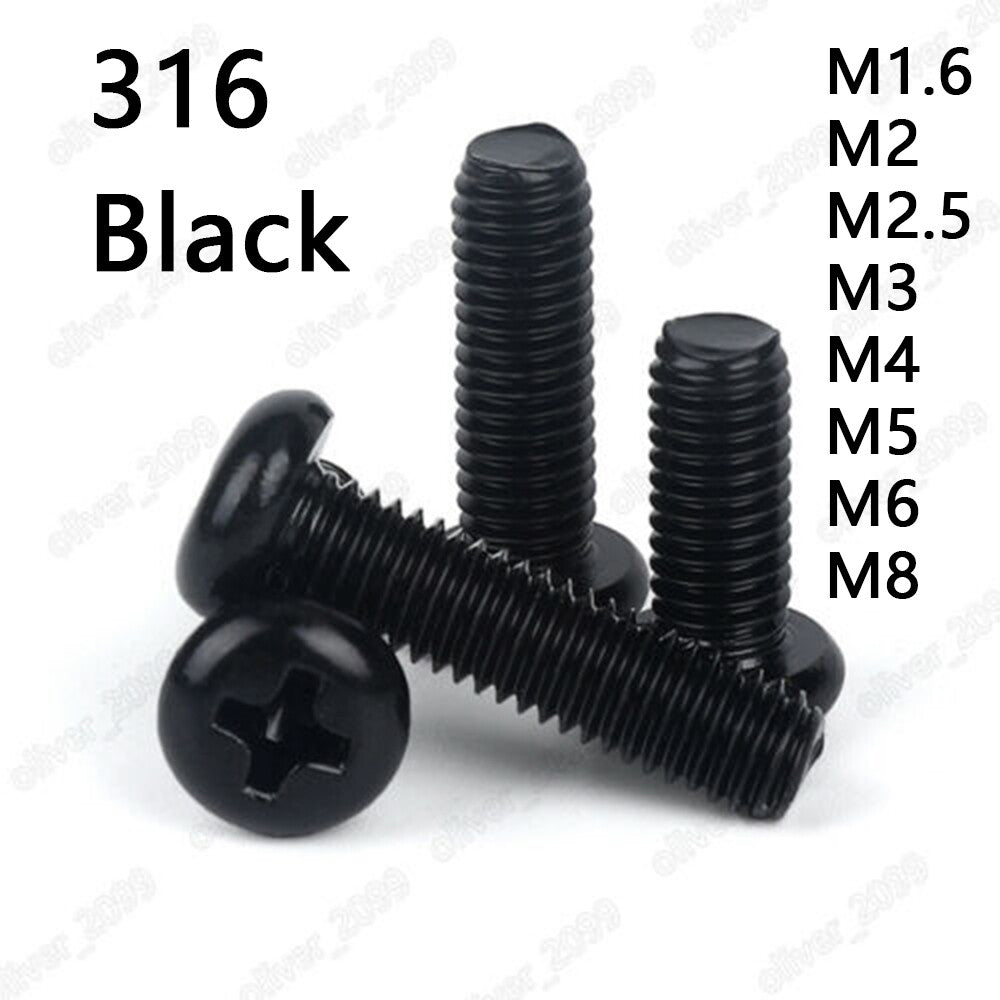 Black 316 Stainless Steel Phillips Pan Head Screws Bolts M1.6 M2 M3 M4 M5 M6 M8