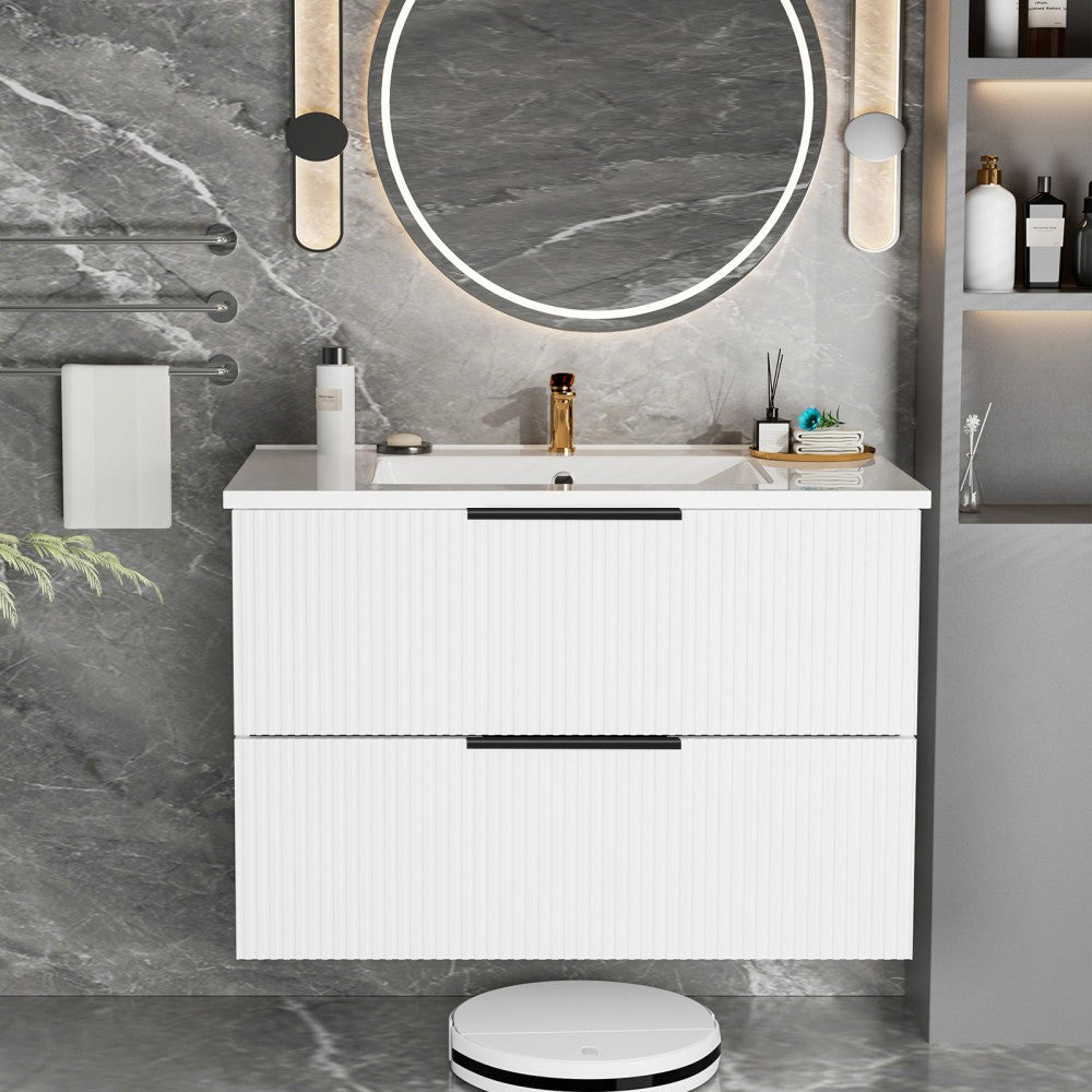 ya 28 30 Inch Bathroom Vanity White - Ceramic Sink,Wall Mounted Floating Fluted Modern