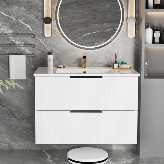 ya 28 30 Inch Bathroom Vanity White - Ceramic Sink,Wall Mounted Floating Fluted Modern
