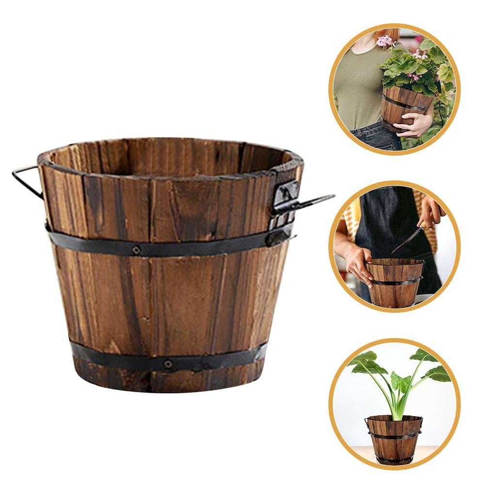 ya 14 Small Wood Barrel Planter Pot Carbonized Wood Vegetable Planter Box for Patio