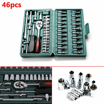 ya 17 46pcs Car Ratchet Torque Wrench Kit Hand Tools 1/4-Inch Socket Set Tool With Box