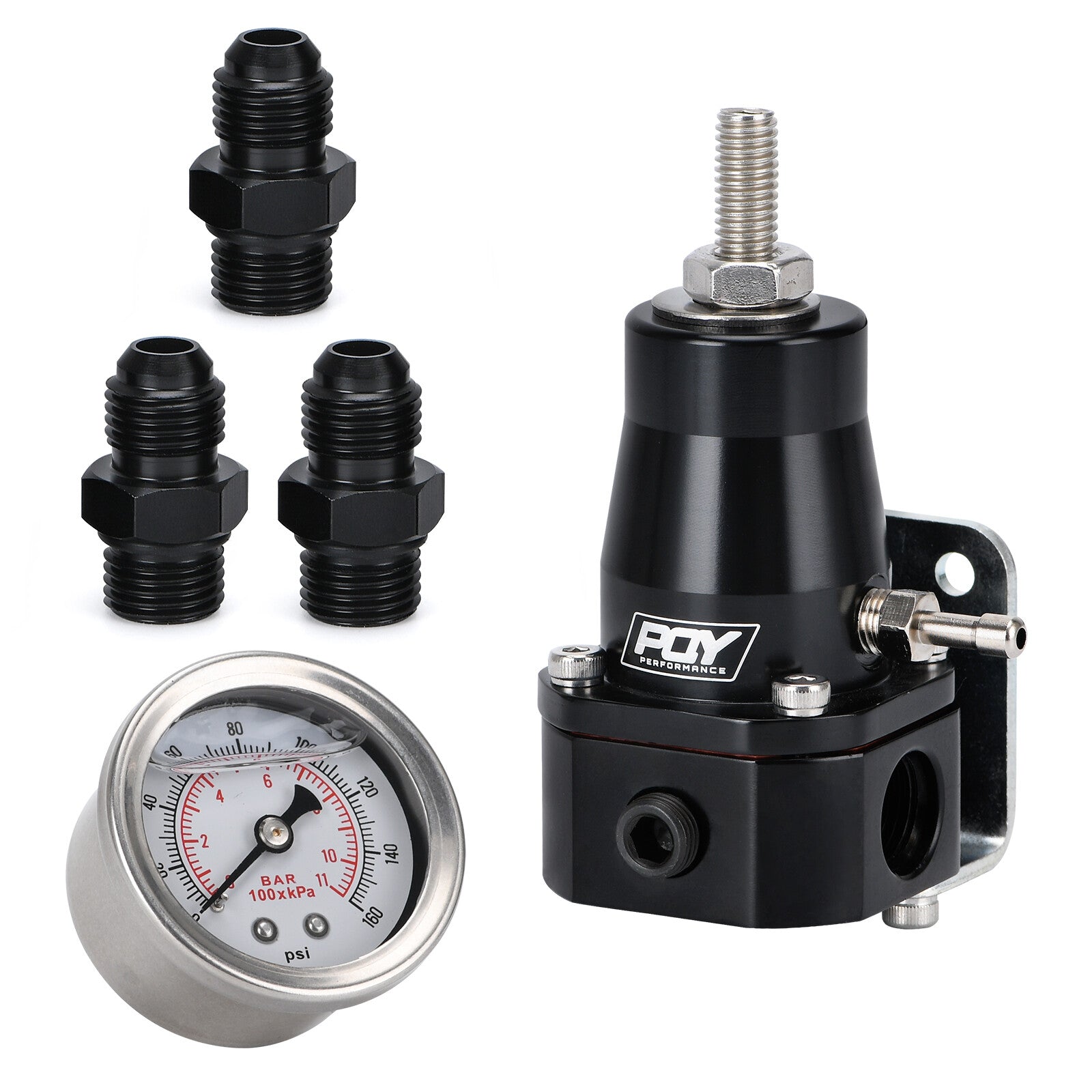ya 10 5.29 FPR AN6 14-36PSI Fuel Pressure Regulator with Gauge BLACK Aluminum Adjustable