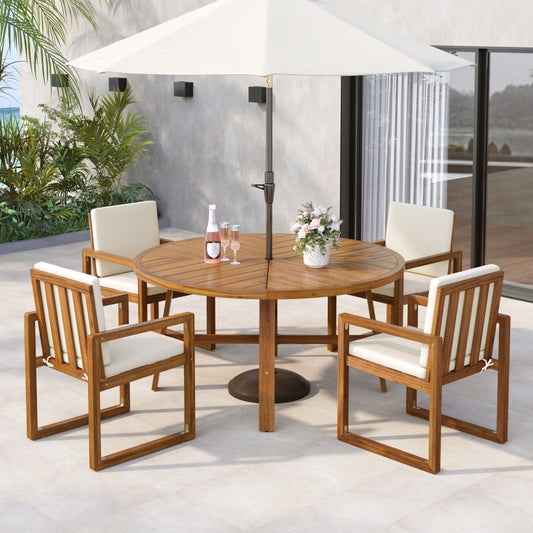 ya 28 5-Piece Beige Patio Acacia Wood Dining Furniture Set , 4 Armchairs & Table