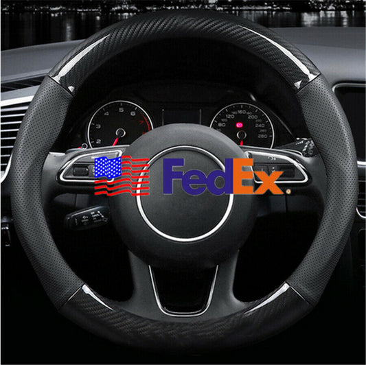 ya 1 7.3 Carbon Fiber Look 38cm Leather Car Steering Wheel Cover Nonslip Protector Pad x1