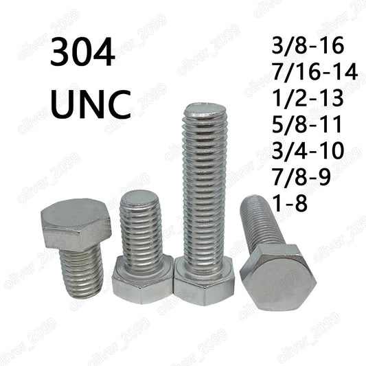 304 Stainless Steel Hexagon Bolts Hex Head Cap Screws 3/8 7/16 1/2 5/8 3/4 7/8 1